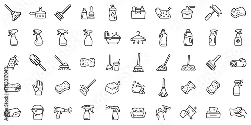 Illustration of various cleaning tools and supplies for household chores in a minimalist style.