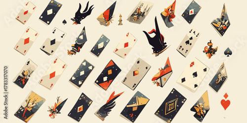 Ilustração vetorial de cartas de baralho com elementos de fantasia e um toque surreal.