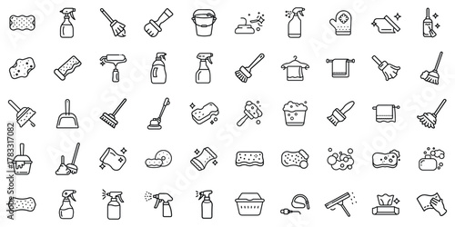 A collection of cleaning icons including sprays, sponges, and mops in a minimalist style.