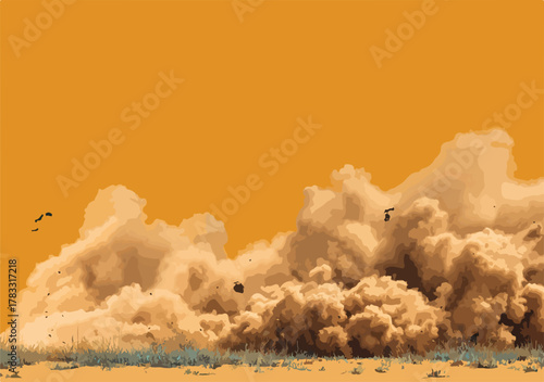 Nuvem de poeira levantada por um evento súbito em um campo seco com pássaros voando.