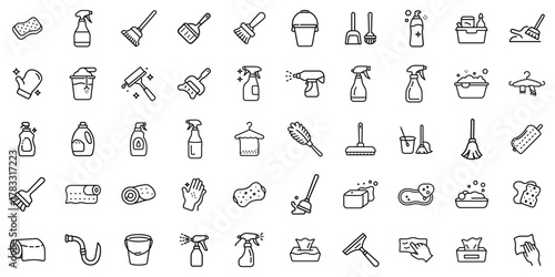 A collection of minimalist cleaning icons depicting various supplies and tools for home maintenance.