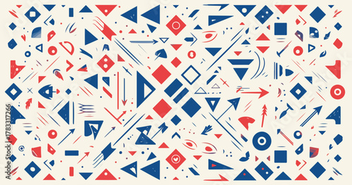 Padrão abstrato com formas geométricas coloridas e setas em movimento, ideal para design gráfico.
