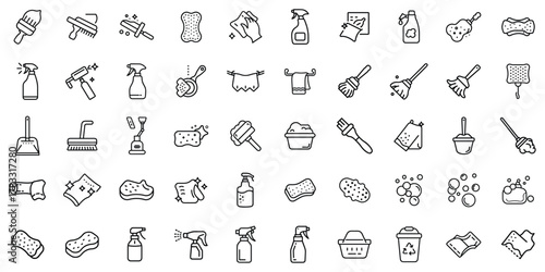 A collection of cleaning icons in black and white, showcasing various tools and supplies for cleaning tasks.