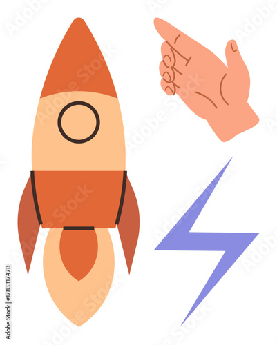 Rocket taking off, pointing hand gesture, and electric bolt showcasing launch, empowerment, and energy. Ideal for innovation, startup growth, energy, direction motivation leadership technology