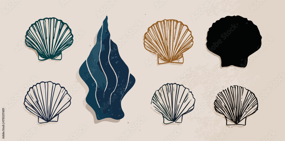 Obraz premium Ilustração vetorial de conchas marinhas e algas em tons pastel e cores vibrantes para design