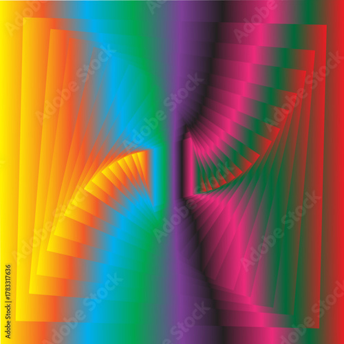 Abstract rainbow gradient with geometric fan shapes creating a symmetrical illusion of depth and movement