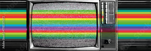 Televisão antiga exibindo barras de cores e ruído estático, com um toque retrô vibrante.