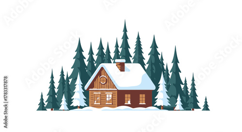 Cozy wooden cabin nestled amidst snow covered pine trees creating a serene winter wonderland scene