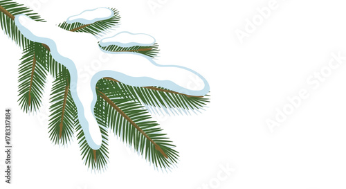 Frosty pine branch dusted with fresh snow evokes winter's serene beauty, perfect for holiday and nature themes
