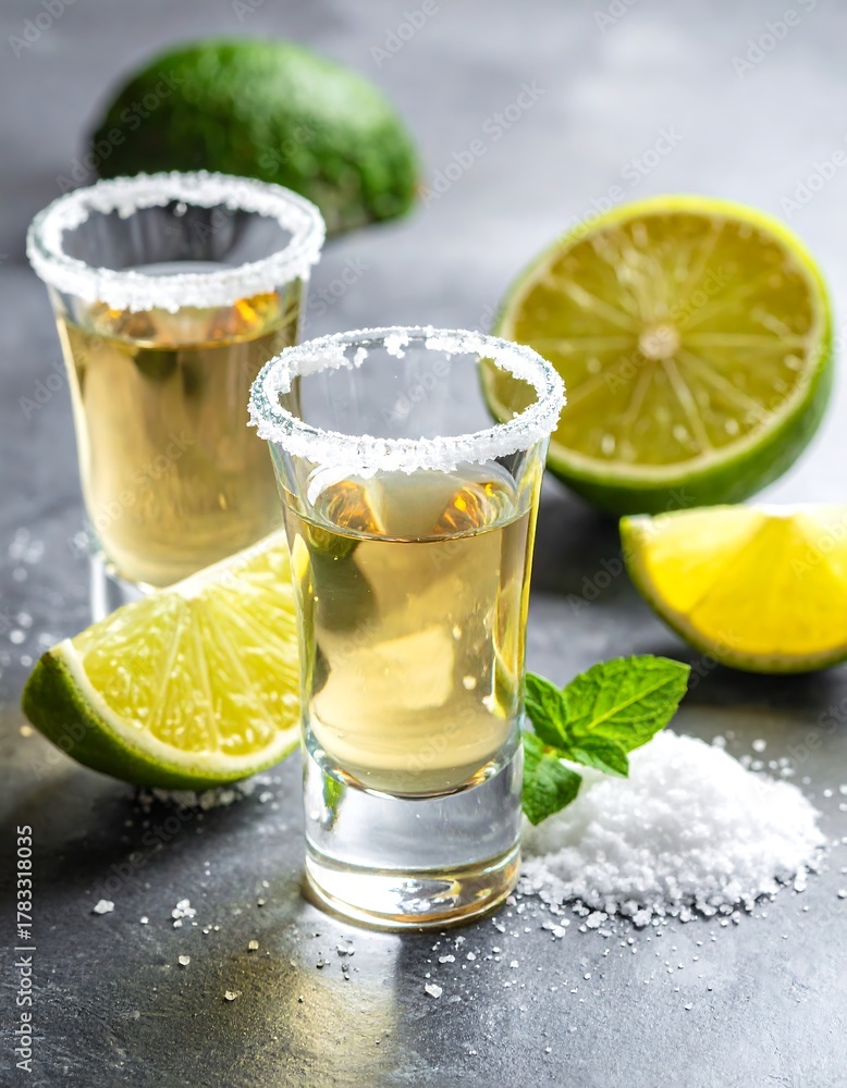 Fototapeta premium Close-up of tequila shots with lime, salt, and mint on a textured surface