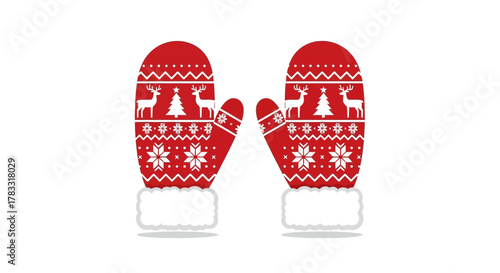 Cozy red Christmas mittens adorned with festive reindeer and snowflake patterns, perfect for winter holiday designs and seasonal promotions.