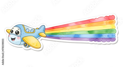 Joyful cartoon airplane soars leaving a vibrant rainbow trail, perfect for children's themes, travel, or celebratory designs.