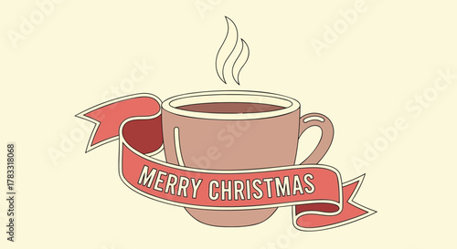Festive hot beverage in a mug with a merry christmas ribbon and steam rising perfect for holiday greetings