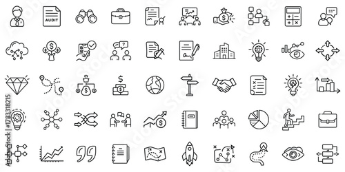 A diverse collection of business-related icons, including finance, strategy, and teamwork themes.