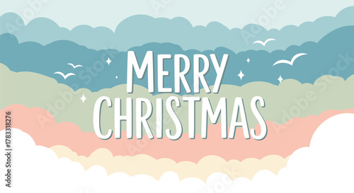 Whimsical merry christmas greeting with soft pastel clouds and flying birds in a dreamy sky