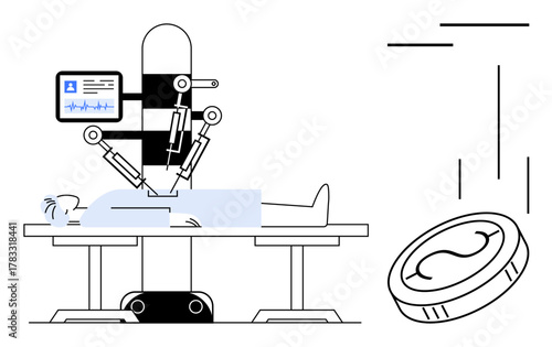 Robot-assisted surgical procedure monitored on a screen. Patient lying on table. Falling coin signifies medical technology, costs, and precision. Ideal for healthcare, innovation, technology, cost