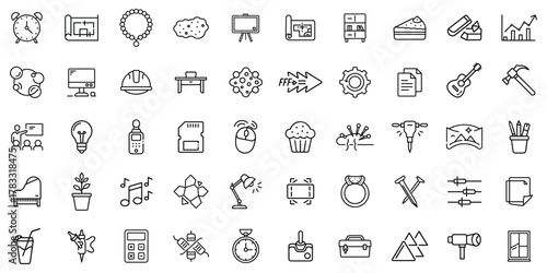 A collection of monochrome icons representing various concepts and tools in a minimalist style.