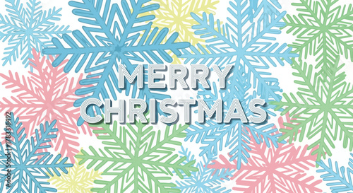 Merry christmas greeting with a festive background of colorful pastel snowflakes and white text