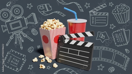A movie night scene with popcorn drink and clapperboard on a sketched background with stars and tickets