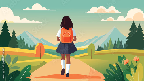 School girl with backpack with nature background