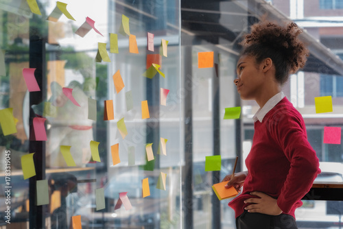 An African American businesswoman is using sticky notes on a glass wall in her office to brainstorm and develop a new strategy.