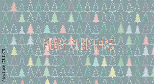 Softly colored christmas trees pattern with merry christmas text overlay in a festive and cheerful design