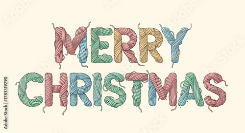 Hand drawn illustration of the words merry christmas formed by colorful yarn strands on a light cream background