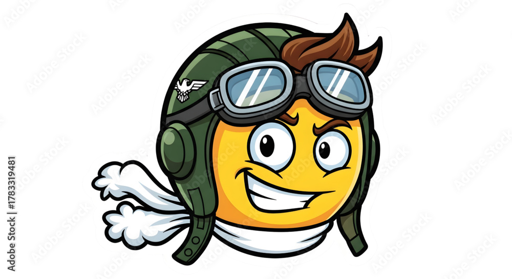 Naklejka premium Excited cartoon pilot emoji with aviator hat and goggles, wind blowing through scarf, ready for adventure and exploration