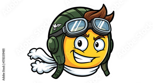 Excited cartoon pilot emoji with aviator hat and goggles, wind blowing through scarf, ready for adventure and exploration