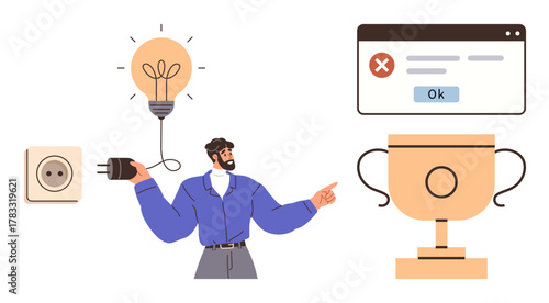 Man connects plug to idea bulb, points to error window and trophy. Ideal for innovation, problem-solving, success, failure analysis, motivation, creativity learning. Minimal simple flat metaphor