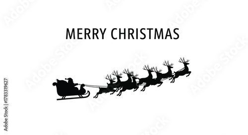 Black silhouette of santa claus in a sleigh pulled by reindeer with merry christmas text against a white background