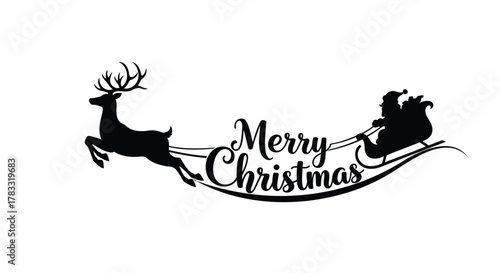 Silhouette of santa claus in a sleigh pulled by a reindeer with merry christmas text