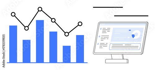 Bar chart and line graph beside a computer screen displaying analytics. Ideal for data analysis, report, business strategy, finance, performance tracking, market trends, research. Simple flat