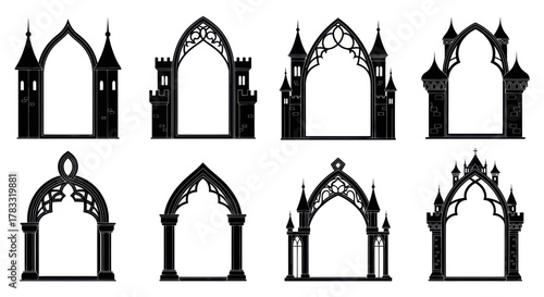 Set of eight black gothic arch silhouettes with intricate medieval architectural details and decorative elements.