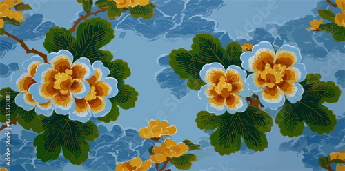 Ein dekoratives Muster mit gelben und blauen Blumen vor einem blauen Hintergrund mit Wolken, ideal für Textildesign oder Tapeten.