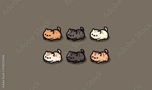 A charming illustration features six adorable cartoon cats in various colors, arranged against a neutral background, perfect for playful designs.
