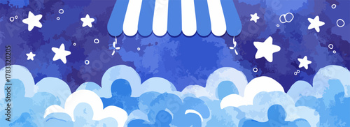 Ein bezaubernder Vektor-Hintergrund mit Sternen, Wolken und einem Zelt, perfekt für Traum- oder Nachtthemen.