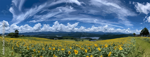 Ein weitläufiges Feld voller Sonnenblumen erstreckt sich unter einem strahlend blauen Himmel mit dramatischen Wolken, die eine idyllische Landschaft schaffen.