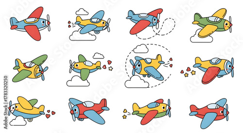 Charming cartoon airplanes with smiling faces soar through clouds, spreading joy and wonder in playful, vibrant scenes perfect for children's themes.