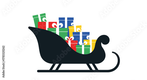 Joyful Santa's sleigh overflowing with colorful gift boxes ready for holiday delivery spreading festive cheer and generosity