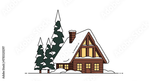 Cozy snow covered cabin nestled amongst winter pine trees, inviting warmth and peaceful holiday escape
