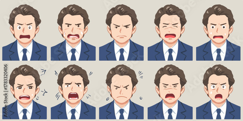 Eine Illustration eines Mannes, der verschiedene Emotionen in einem Anzug zeigt, dargestellt als Vektor, ideal für Designprojekte.