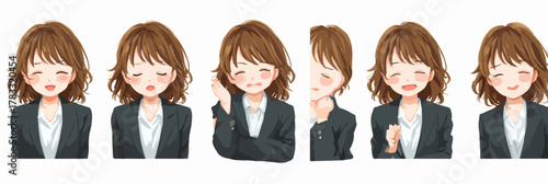 Eine Illustration einer jungen Geschäftsfrau mit verschiedenen Emotionen und Posen in einem Vektor-Stil vor weißem Hintergrund.