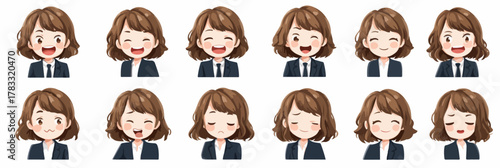 Eine Illustration einer Frau mit verschiedenen Gesichtsausdrücken, die eine Bandbreite an Emotionen wie Freude, Traurigkeit und Nachdenklichkeit zeigt.