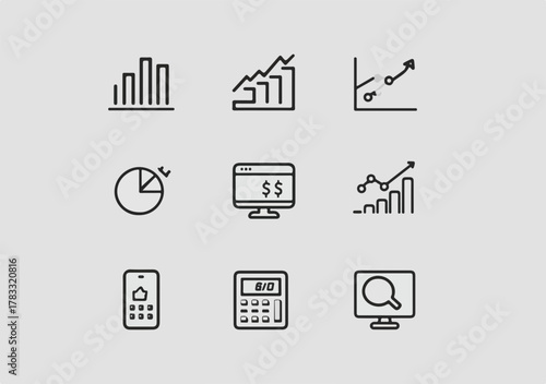 Sammlung von neun minimalistischen Vektor-Icons für Finanzen, Statistik, Analyse und Geschäftsentwicklung in dunkler Linie.