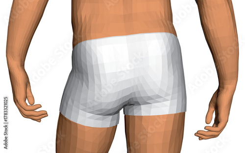 Polygonal man wearing white boxer briefs stands against a plain white background. The low-poly 3D character has a clean and modern aesthetic.