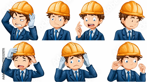 Set von sechs Vektor-Illustrationen eines Bauarbeiters mit gelbem Helm und verschiedenen emotionalen Ausdrücken.
