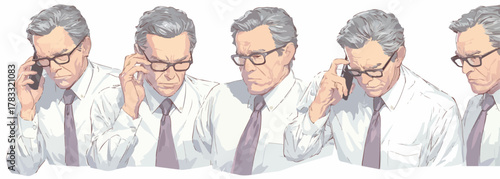 Sequenz von fünf Posen eines älteren Geschäftsmannes mit Brille, der ein Mobiltelefon benutzt, Vektorillustration.