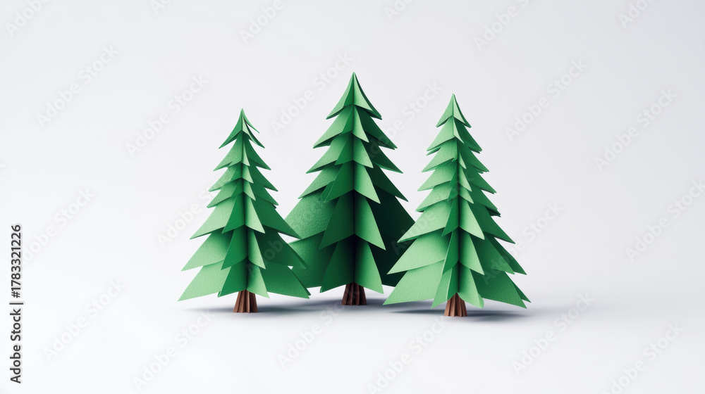 Obraz premium Origami Christmas trees on white background, perfect for holiday designs. paper trees are a creative and festive addition to any holiday-themed project or design.
