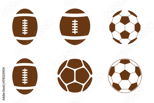 Brown Sports Ball Icon Set American Football, Soccer Ball, Solid and Outline Flat Vector Collection